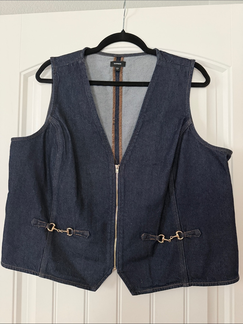 Express Dark Blue Denim Zip-Front Women's Vest with Gold-Tone Details